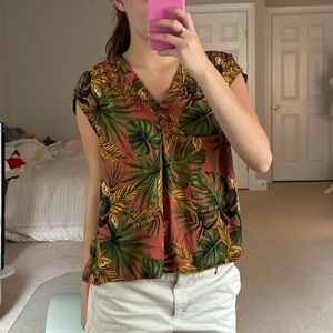 Maison d’Amelie Tropical Leaf Print V-Neck Top